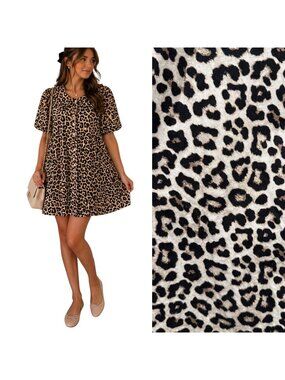 Leopard Print Babydoll Mini Dress Peter Pan Collar Button Front Coquette Chic